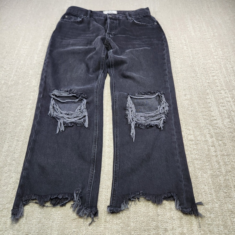 Free People Jeans Women 26 Maggie Mid Rise Black Distressed Raw Hem Boho